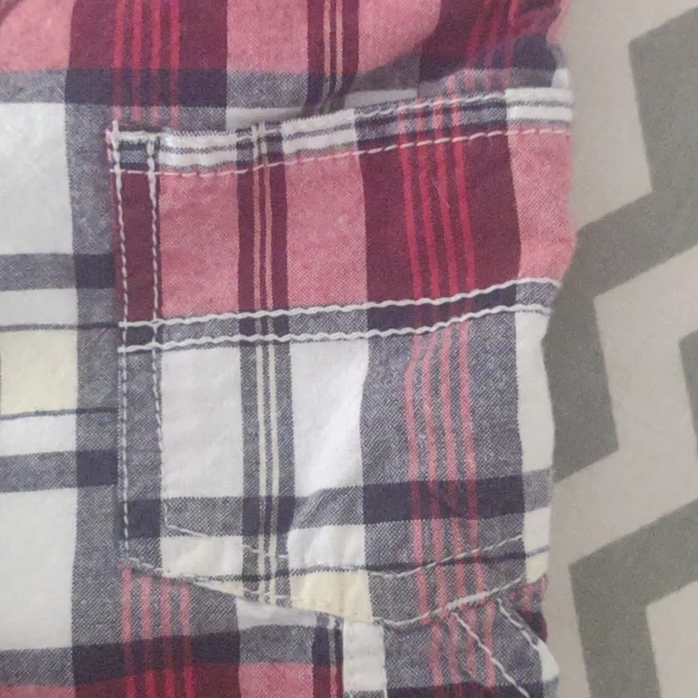 OshKosh B'gosh overalls short Baby 6 mo red/black plaid yellow‎ stripe pockets